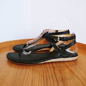 Cole Haan Black Leather T-Strap Espadrille Sandals